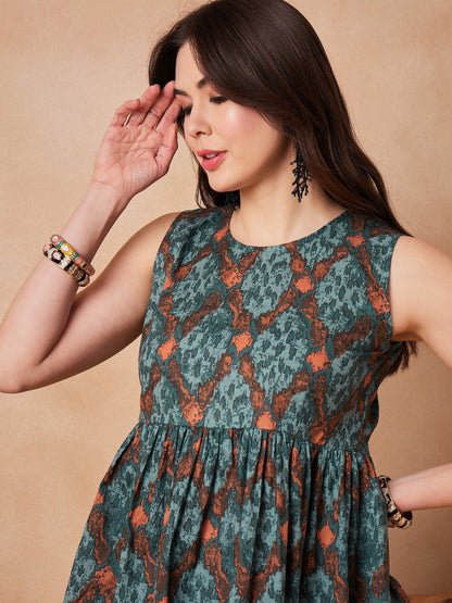 Aqua Pearl Abstarct Printed Round Neck Top