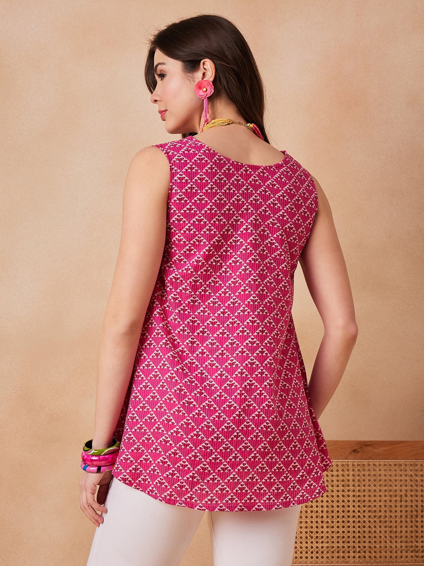 Pink Pyramid Kantha High Low Sleeveless Top