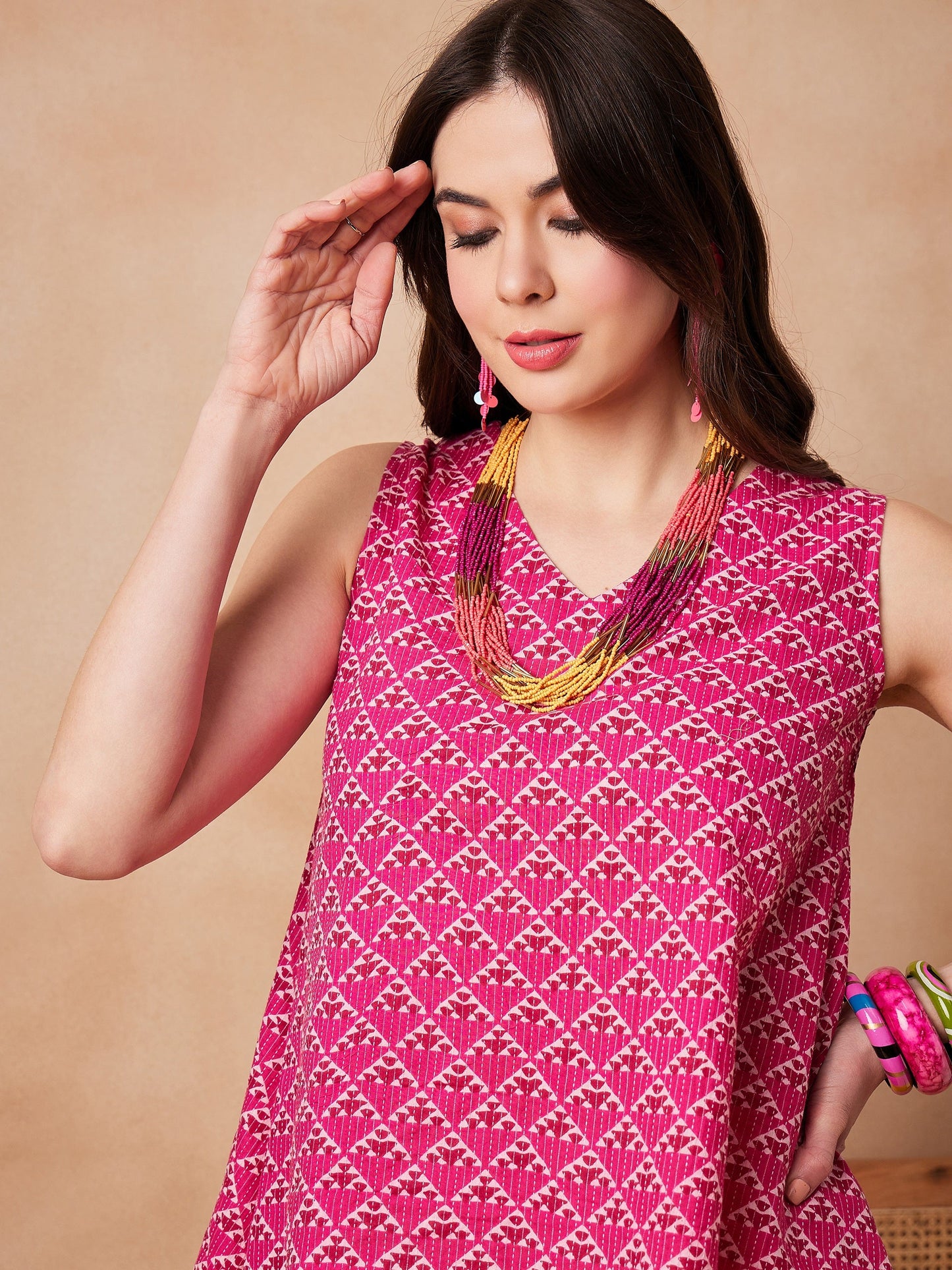 Pink Pyramid Kantha High Low Sleeveless Top