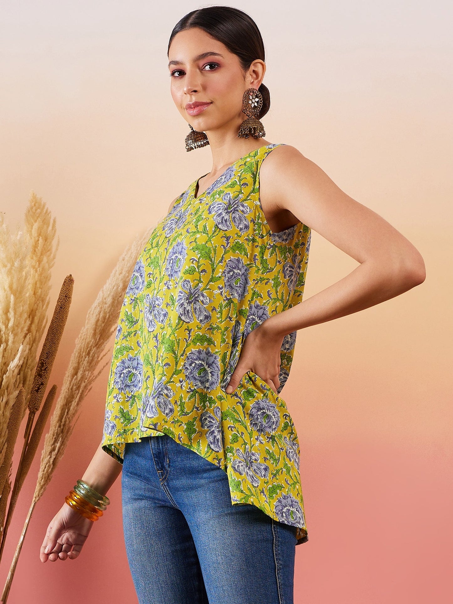 Sunset Yellow Floral Print  V Neck Sleeveless Top