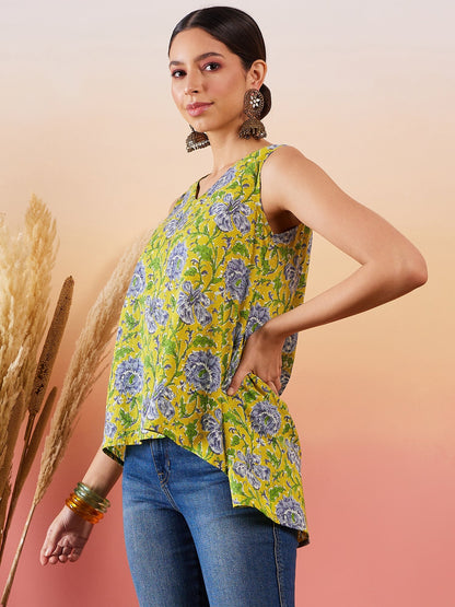 Sunset Yellow Floral Print  V Neck Sleeveless Top