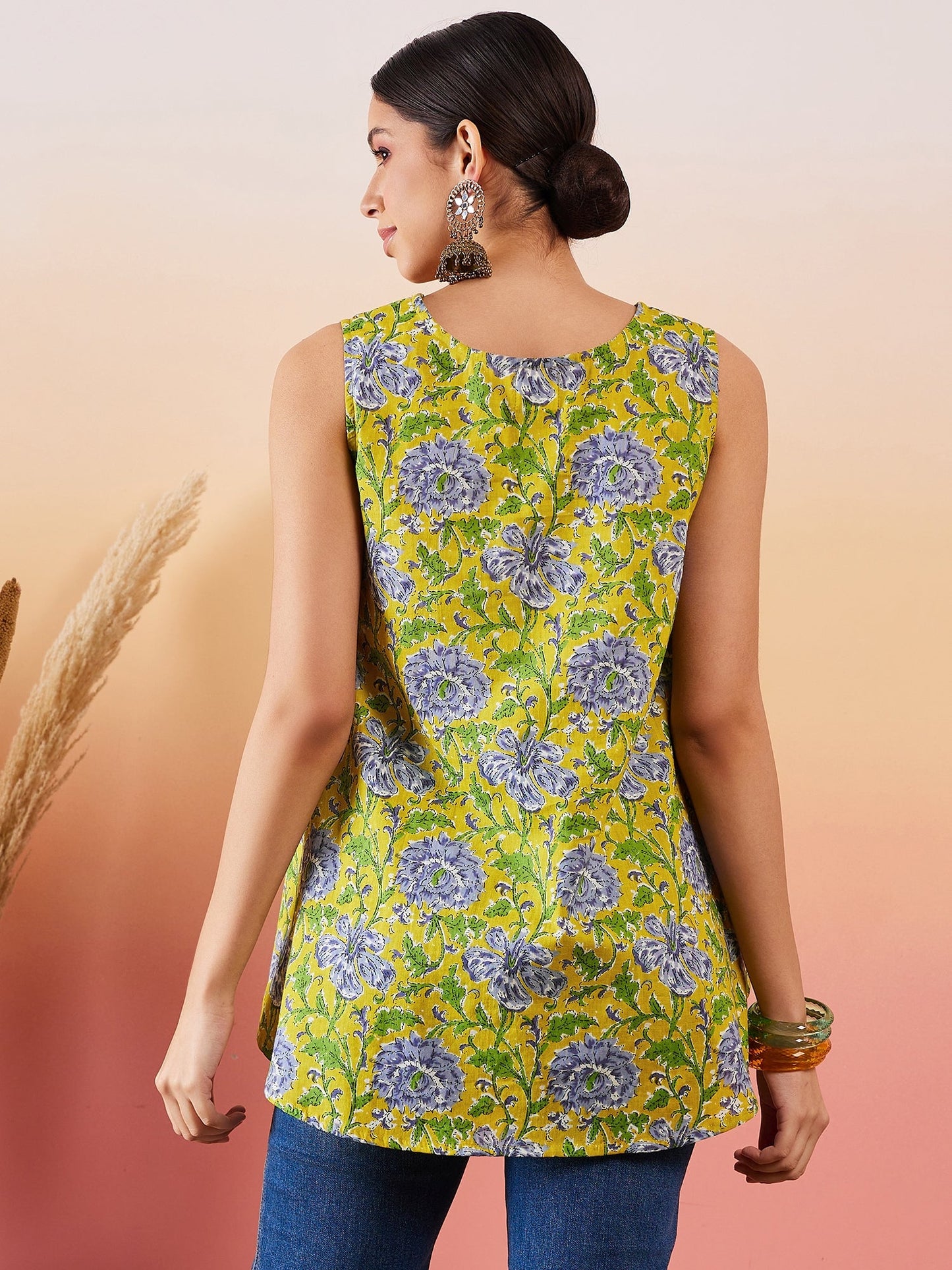 Sunset Yellow Floral Print  V Neck Sleeveless Top