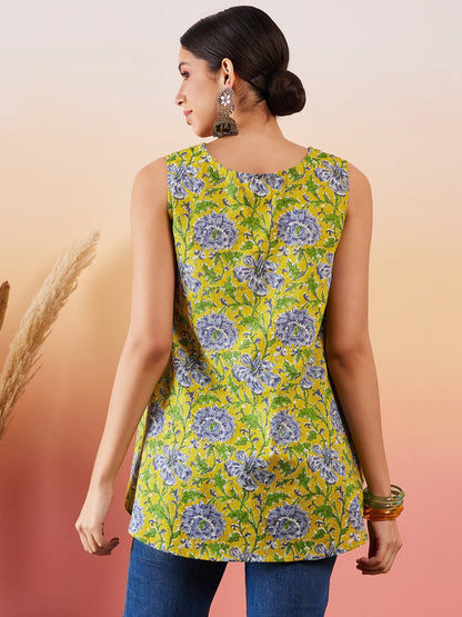 Sunset Yellow Floral Print  V Neck Sleeveless Top