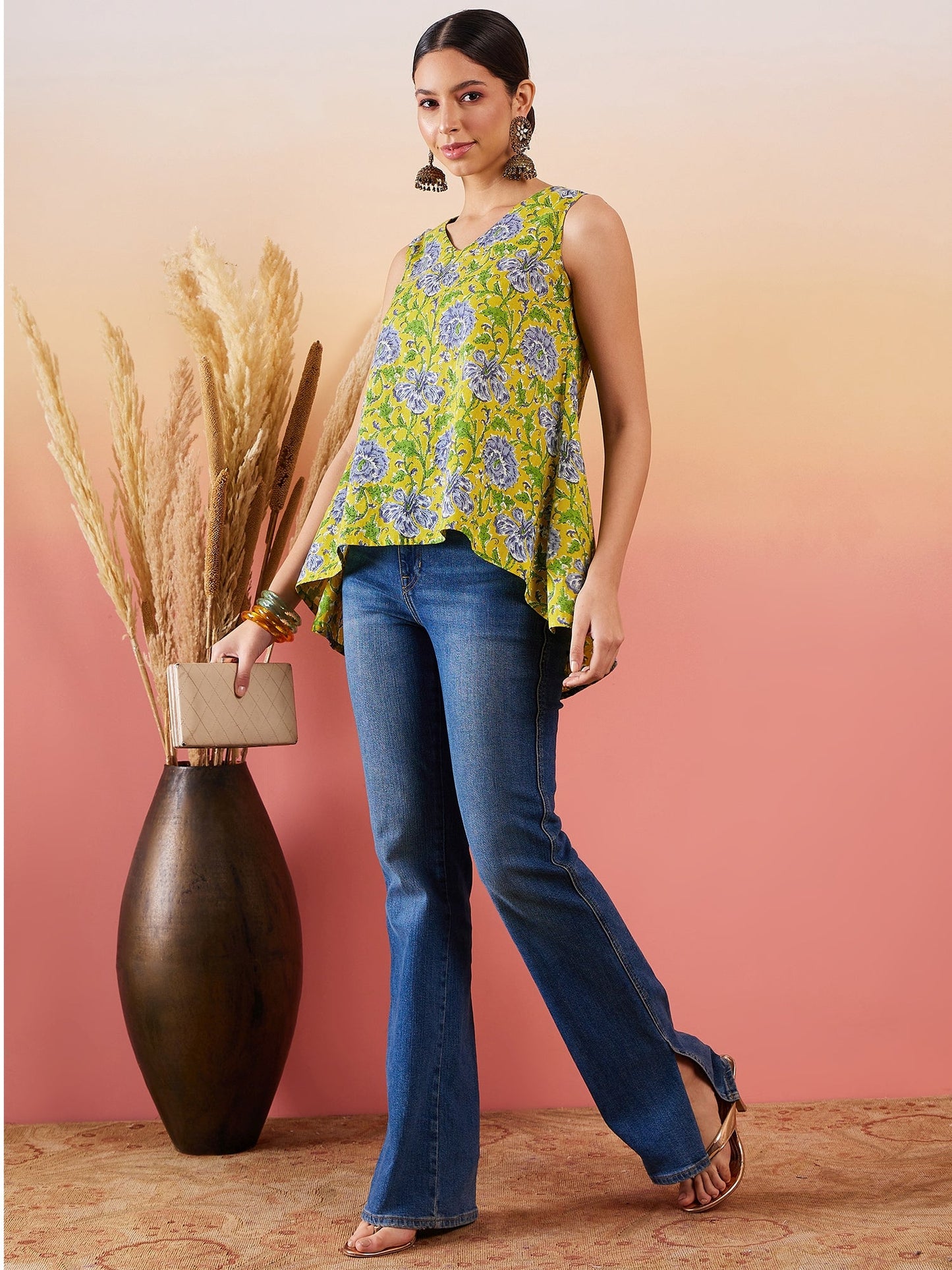 Sunset Yellow Floral Print  V Neck Sleeveless Top