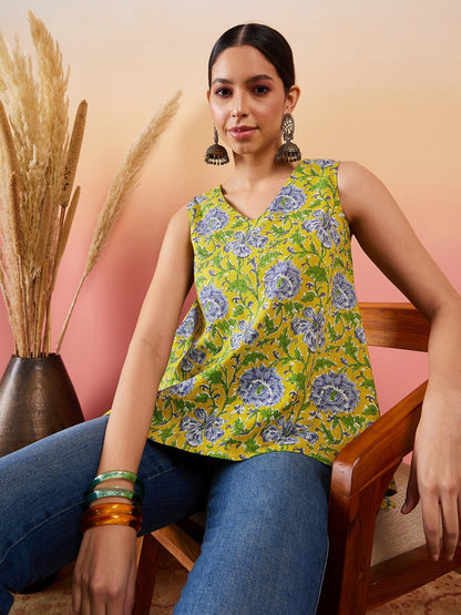 Sunset Yellow Floral Print  V Neck Sleeveless Top