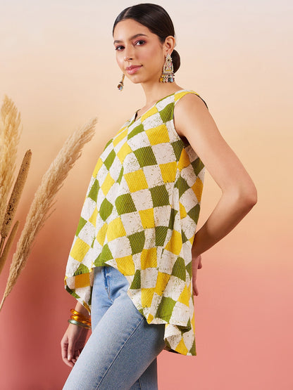 Yellow Green Geometric Print  Kantha V Neck Sleeveless op