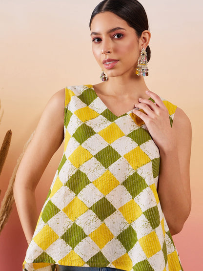 Yellow Green Geometric Print  Kantha V Neck Sleeveless op