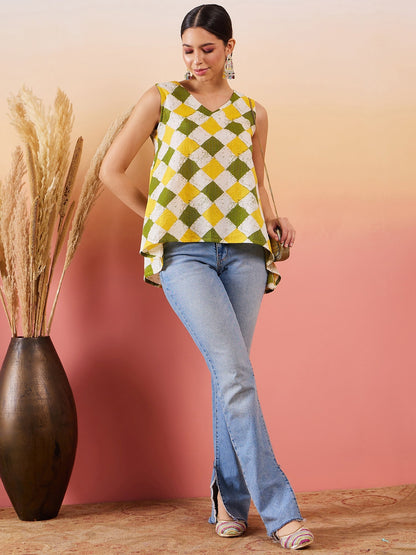 Yellow Green Geometric Print  Kantha V Neck Sleeveless op