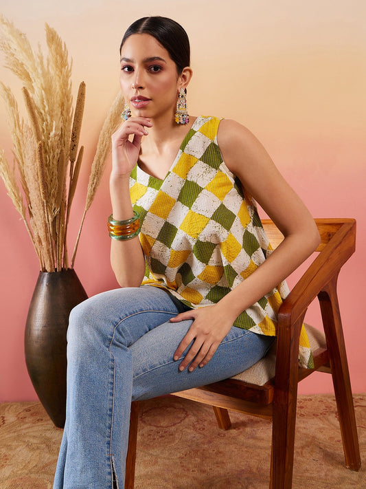 Yellow Green Geometric Print  Kantha V Neck Sleeveless op
