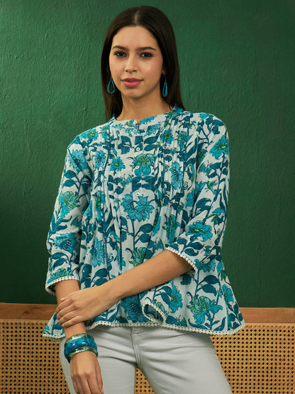 White Sea Blue Floral Print Front Pintex Lace Top
