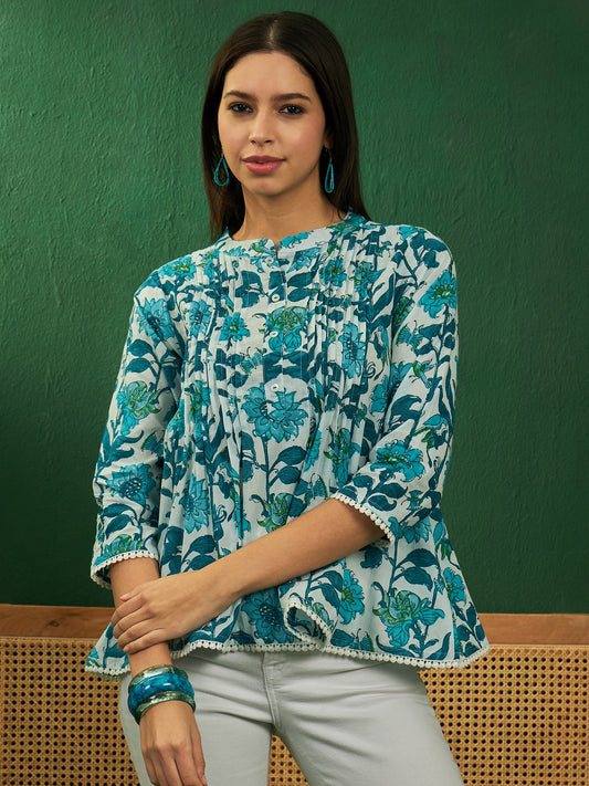White Sea Blue Floral Print Front Pintex Lace Top