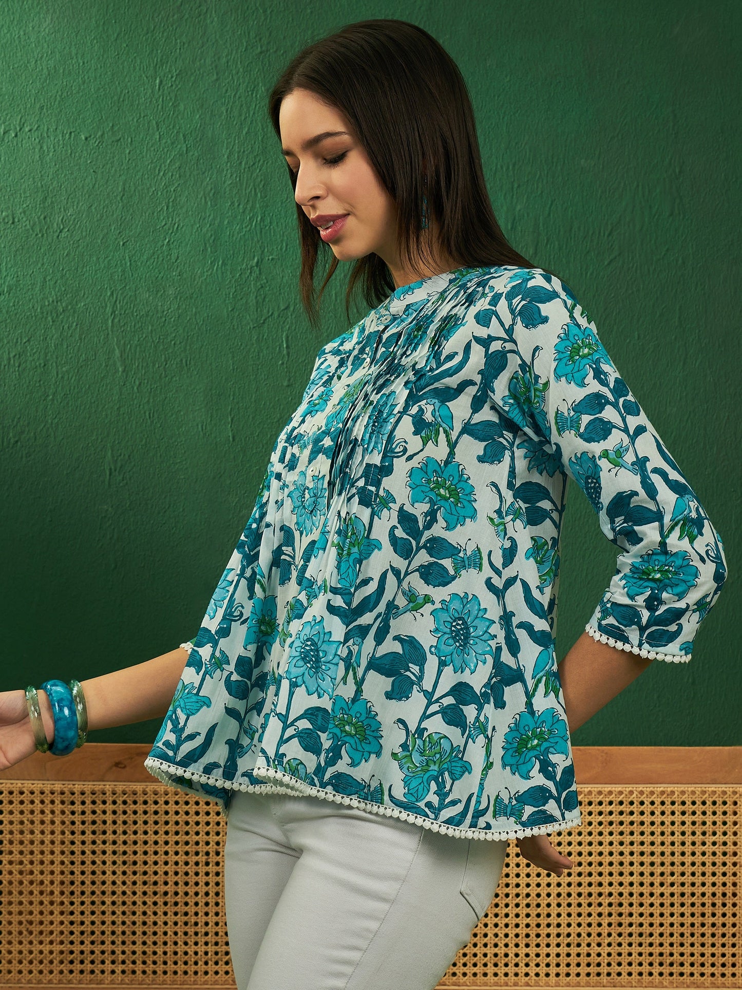 White Sea Blue Floral Print Front Pintex Lace Top