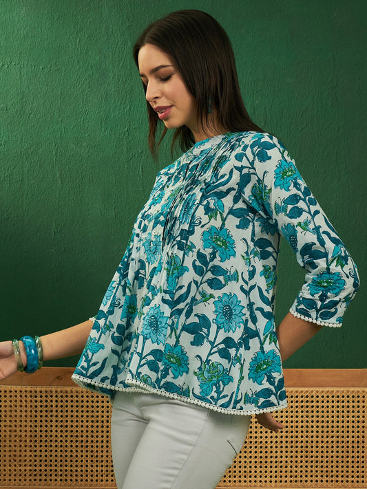 White Sea Blue Floral Print Front Pintex Lace Top