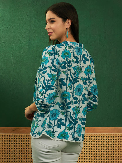 White Sea Blue Floral Print Front Pintex Lace Top