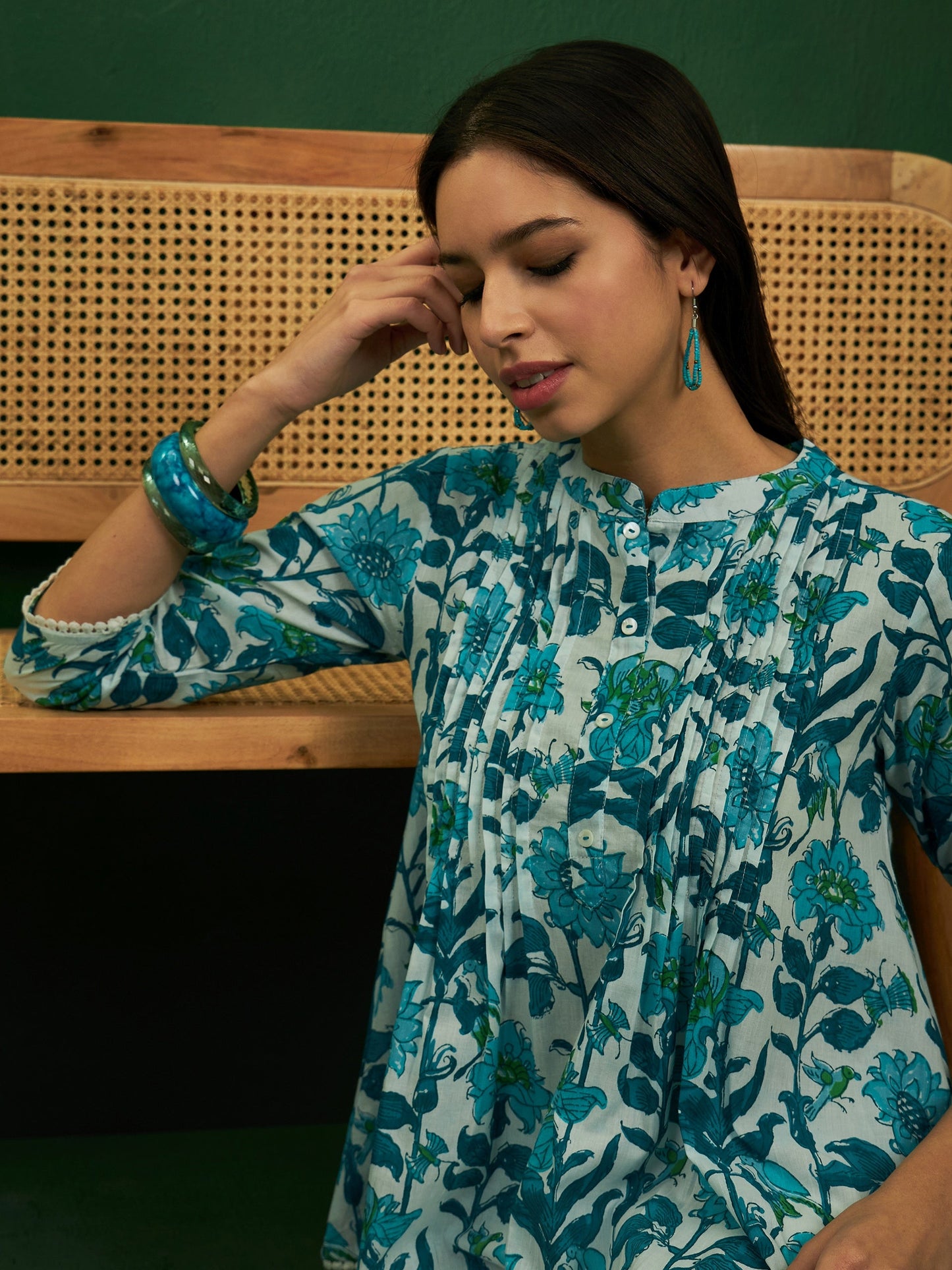 White Sea Blue Floral Print Front Pintex Lace Top