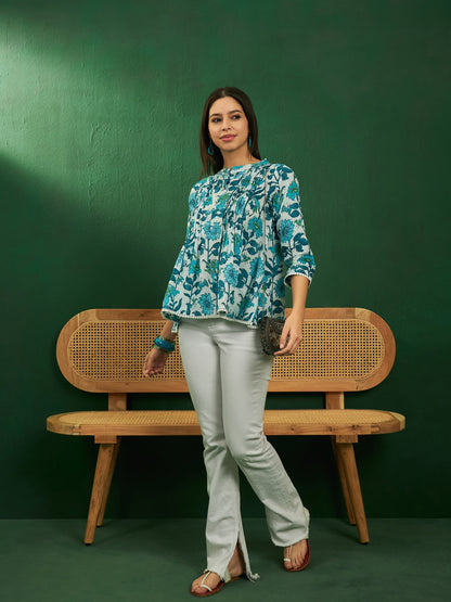 White Sea Blue Floral Print Front Pintex Lace Top