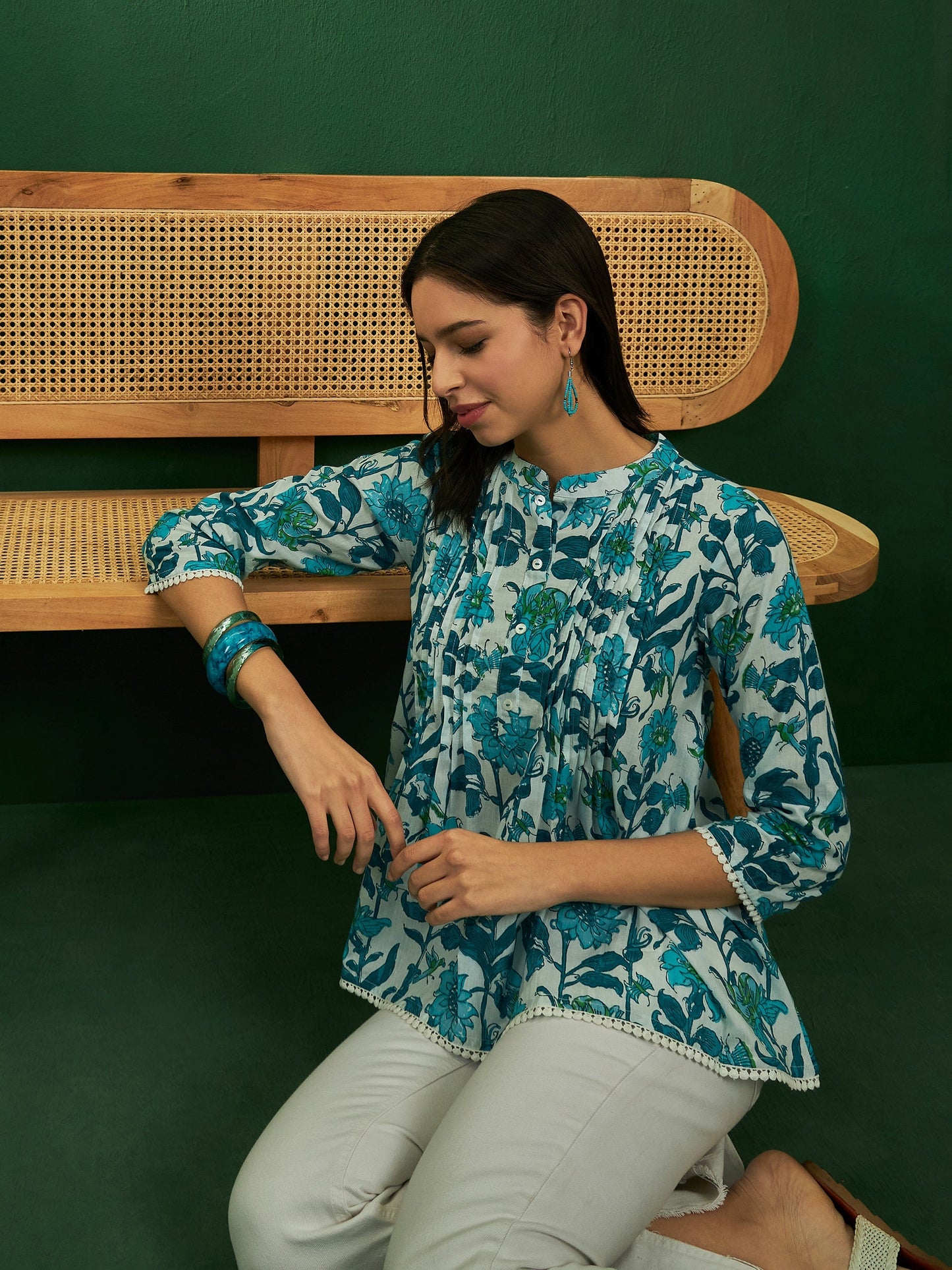 White Sea Blue Floral Print Front Pintex Lace Top