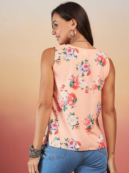 Peach Rose Print Sleeveless Top
