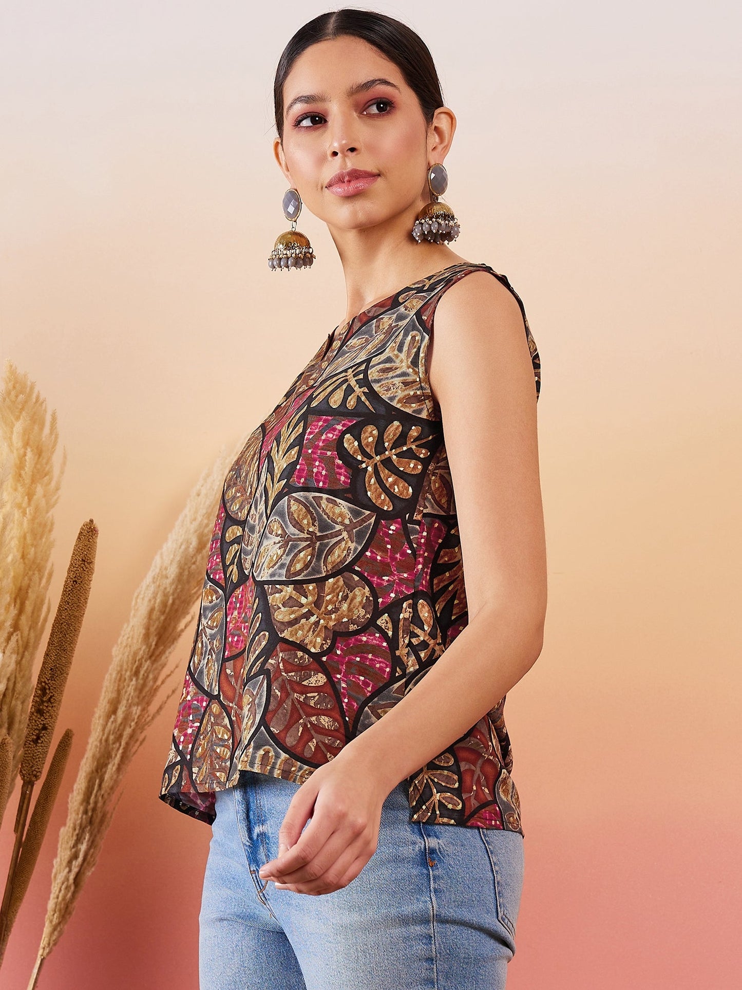 Black Grey Leaf Print Foil Sleeveless Top