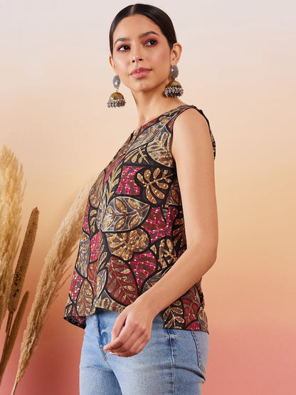 Black Grey Leaf Print Foil Sleeveless Top