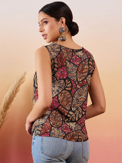 Black Grey Leaf Print Foil Sleeveless Top