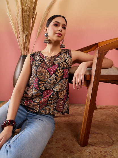 Black Grey Leaf Print Foil Sleeveless Top