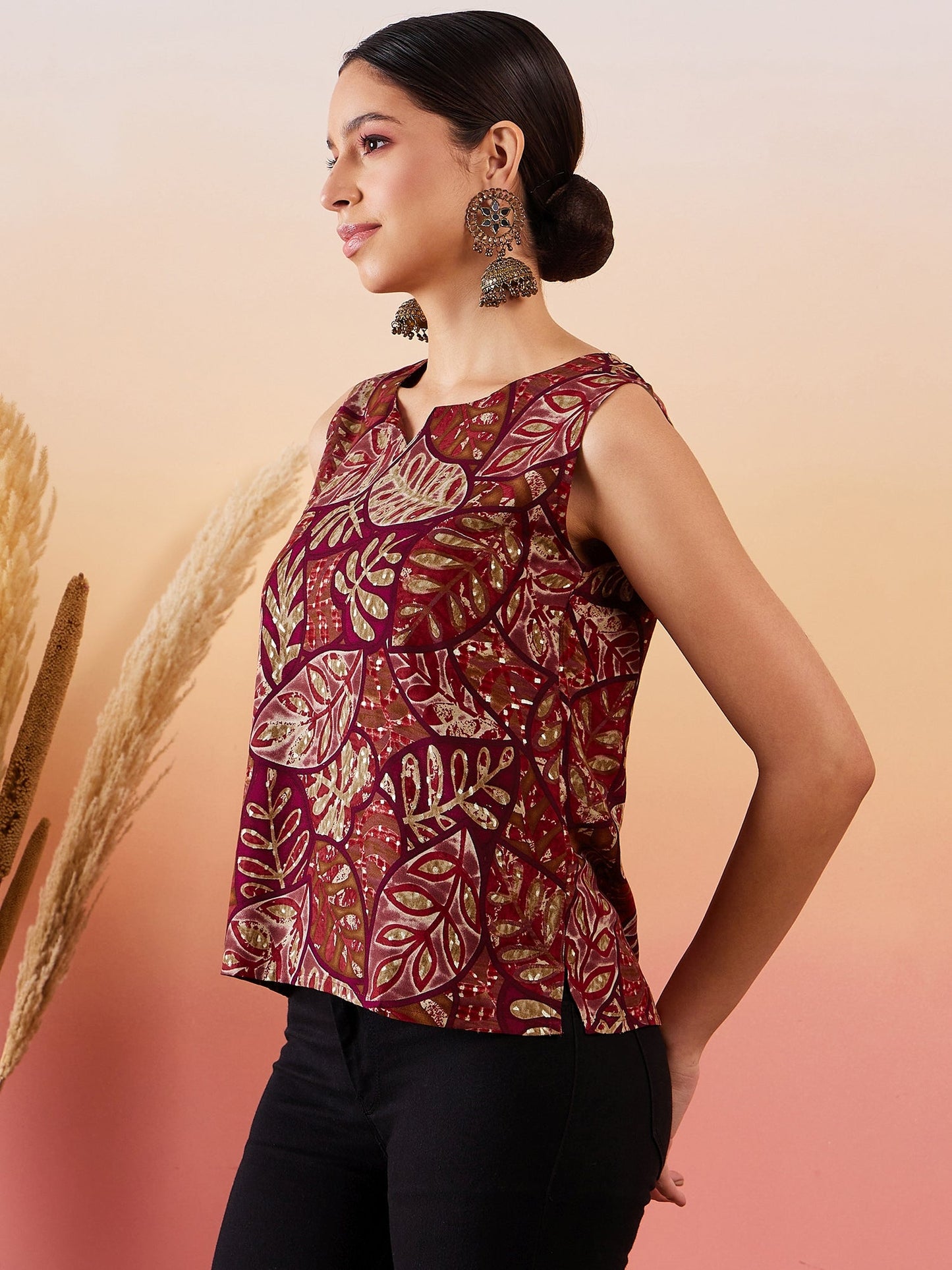 Wine Maroon Leaf Print Foil Sleeveless Top