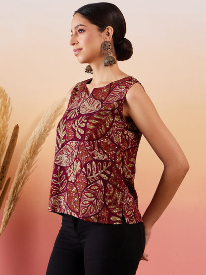 Wine Maroon Leaf Print Foil Sleeveless Top