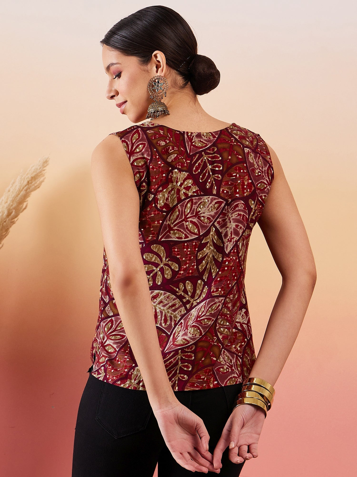 Wine Maroon Leaf Print Foil Sleeveless Top