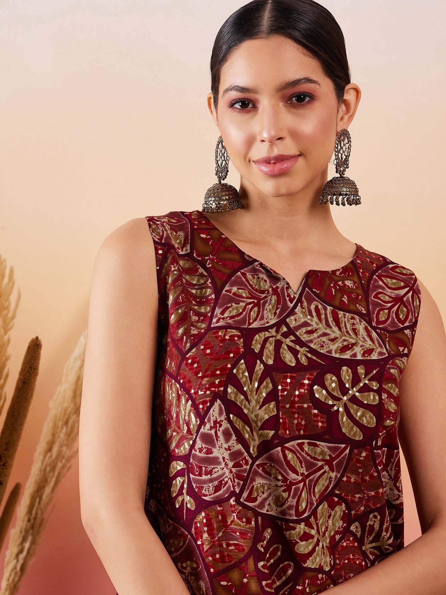 Wine Maroon Leaf Print Foil Sleeveless Top