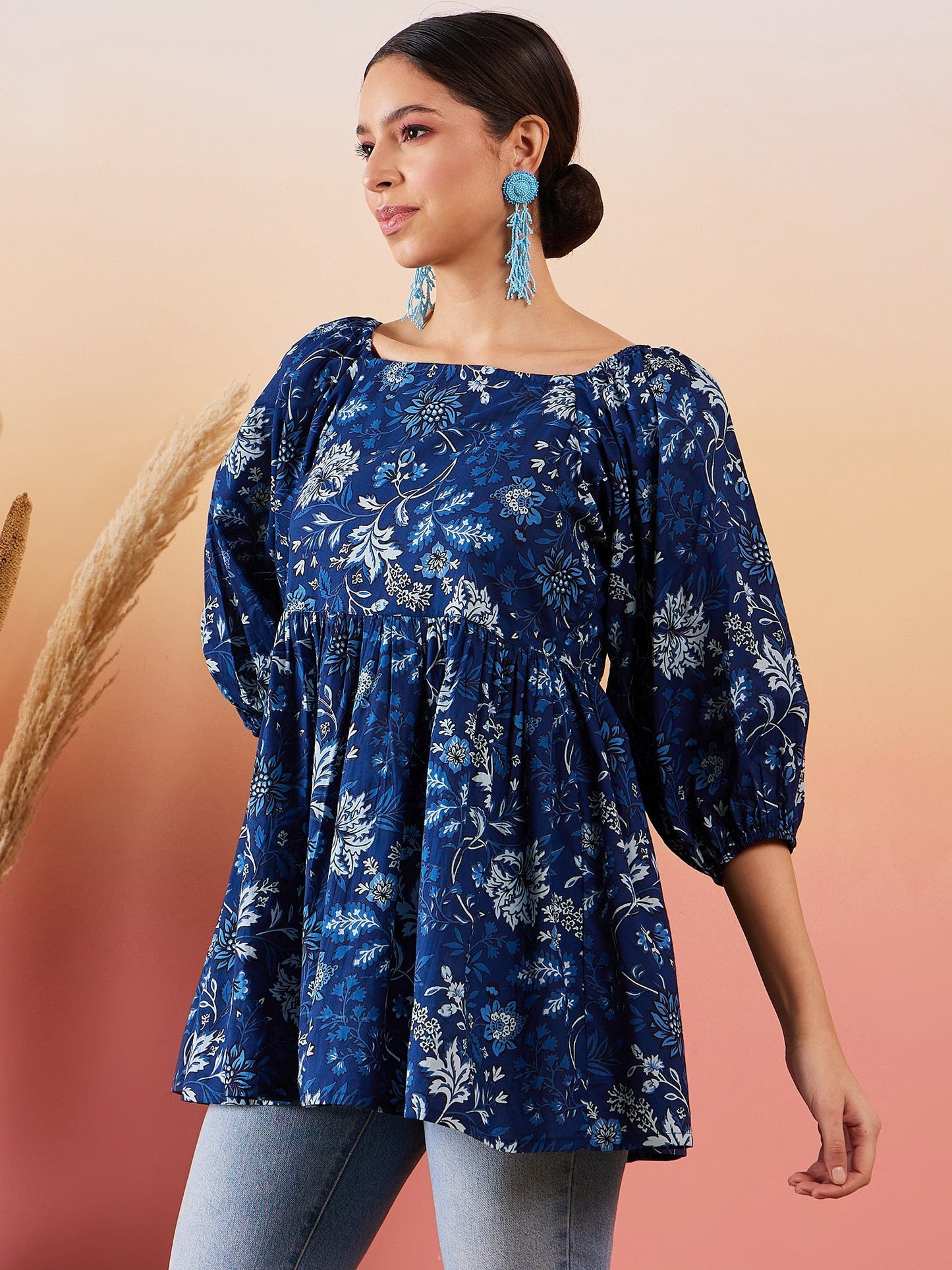Indigo Floral Print Cold Shoulder Top