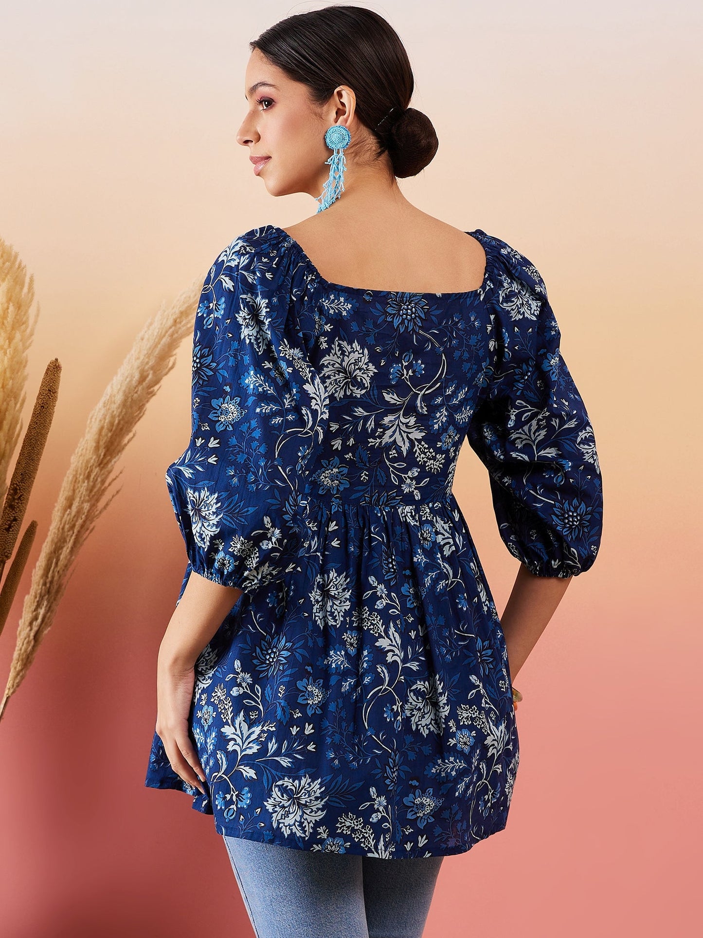 Indigo Floral Print Cold Shoulder Top