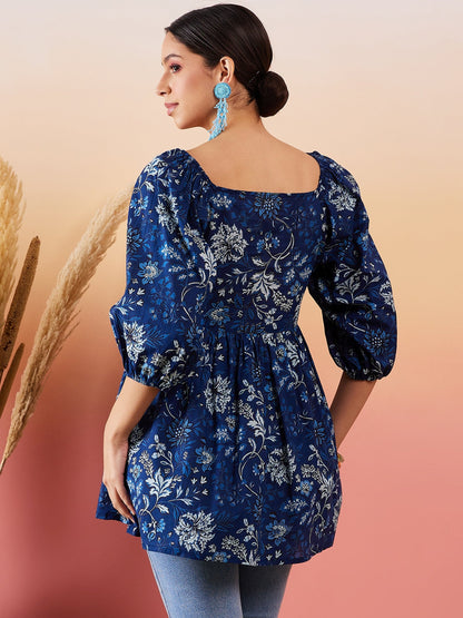 Indigo Floral Print Cold Shoulder Top