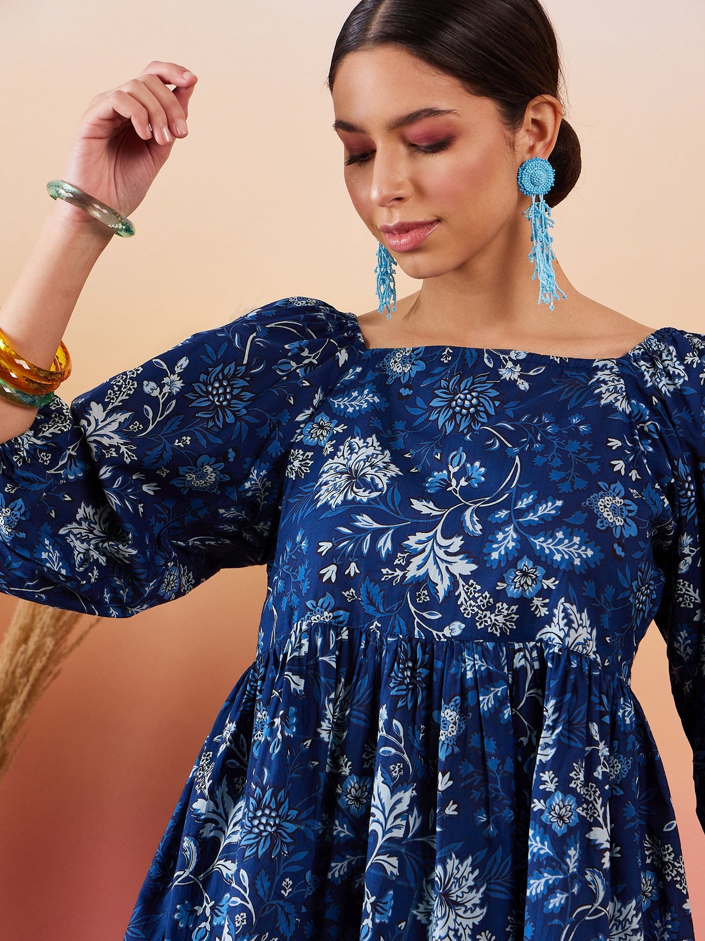 Indigo Floral Print Cold Shoulder Top