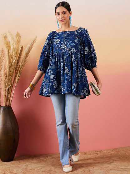 Indigo Floral Print Cold Shoulder Top