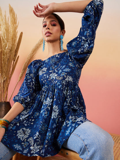 Indigo Floral Print Cold Shoulder Top