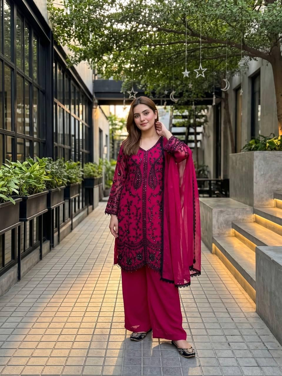 Faux Georgette Designer 3 Pc Kurti Pant Dupatta Set