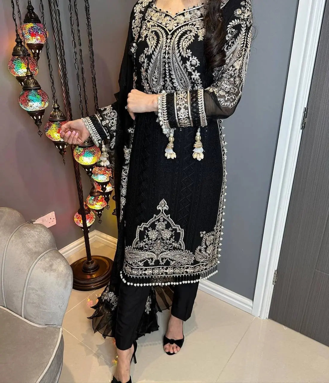 Georgette Zari Embroidery work Long Kurti Palazzo Dupatta Set - Premium  from Ethenika.com - Just INR 2890! Shop now at Ethenika.com 