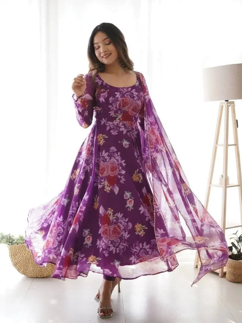 Organza Floral Digital Print Flair Dress Suit - Premium  from Ethenika.com - Just INR 1590! Shop now at Ethenika.com 