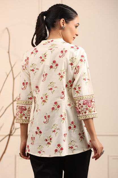 Women Cream Floral Printed Cotton Top