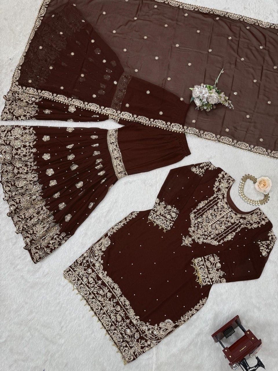 Premium Faux Georgette Embroidery with Moti Work Designer Kurti Sharara Dupatta Set (Ready to Wear)