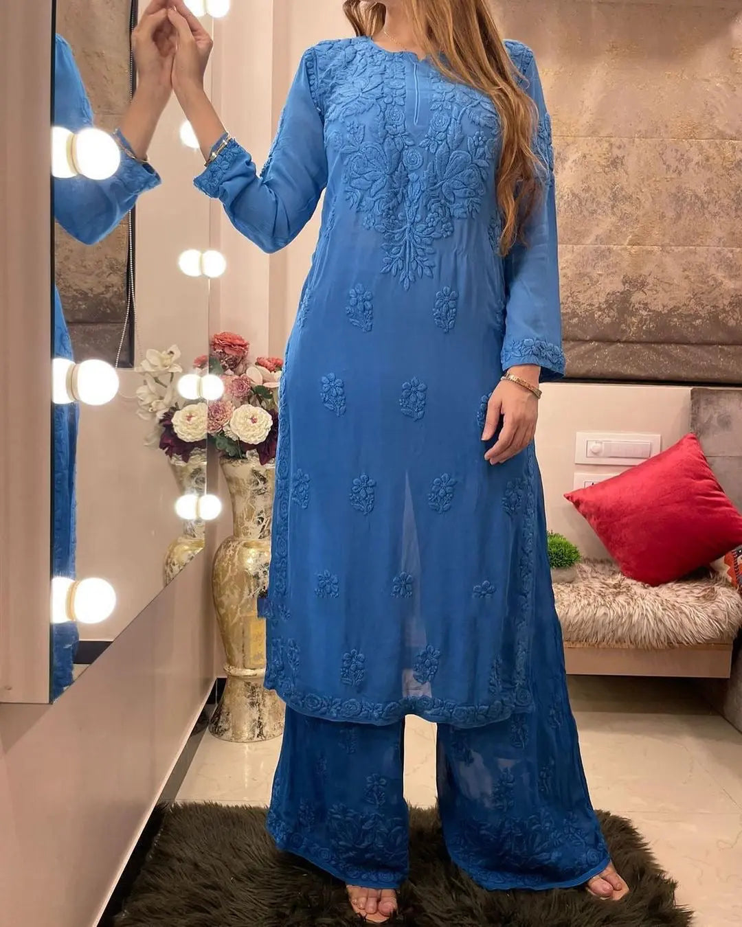 Rayon Chain Stitch Thread work Kurti Palazzo - Premium  from Ethenika.com - Just INR 1790! Shop now at Ethenika.com 