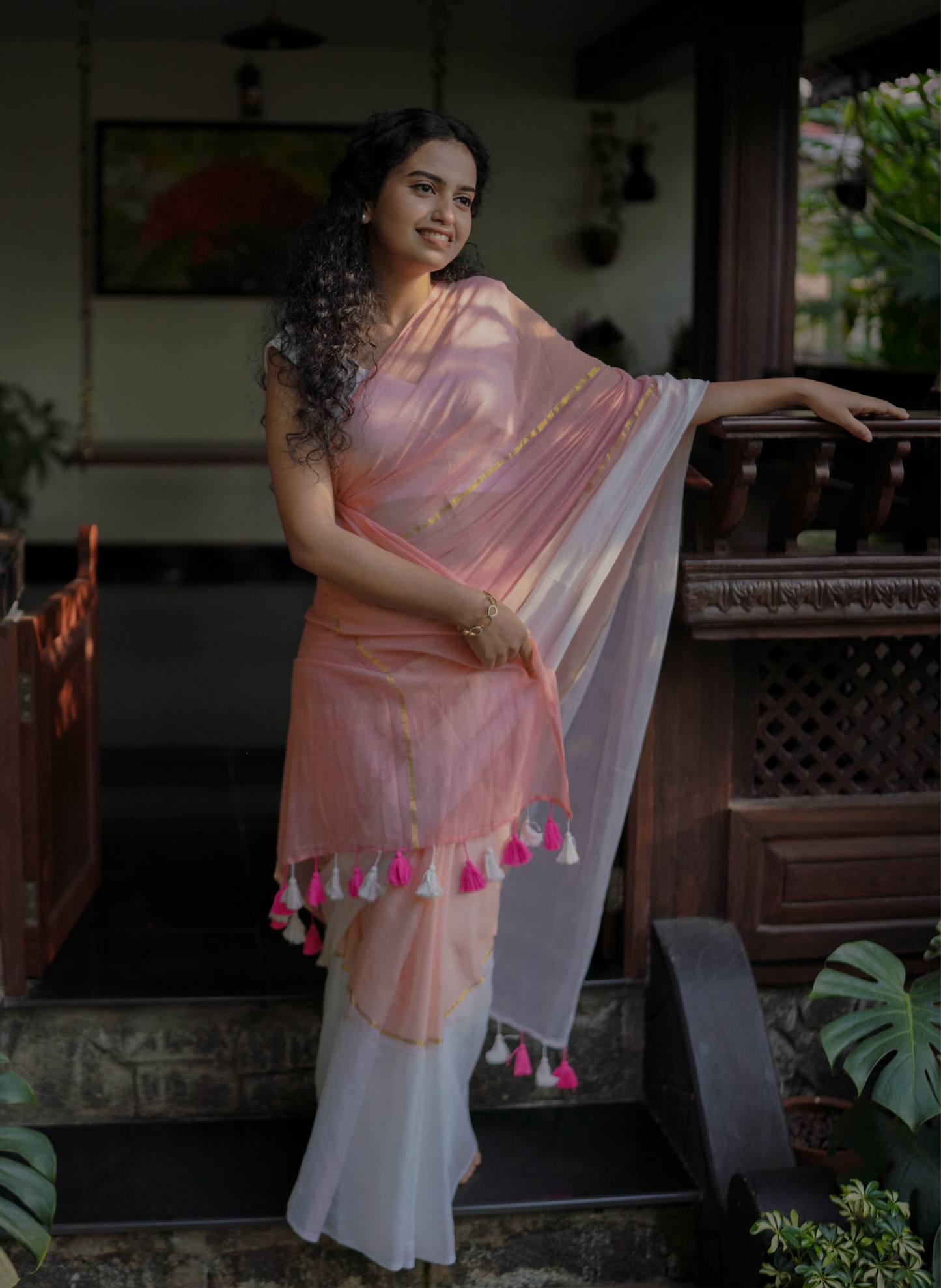 Woven Mul Cotton Handloom Saree - Pink Ombre