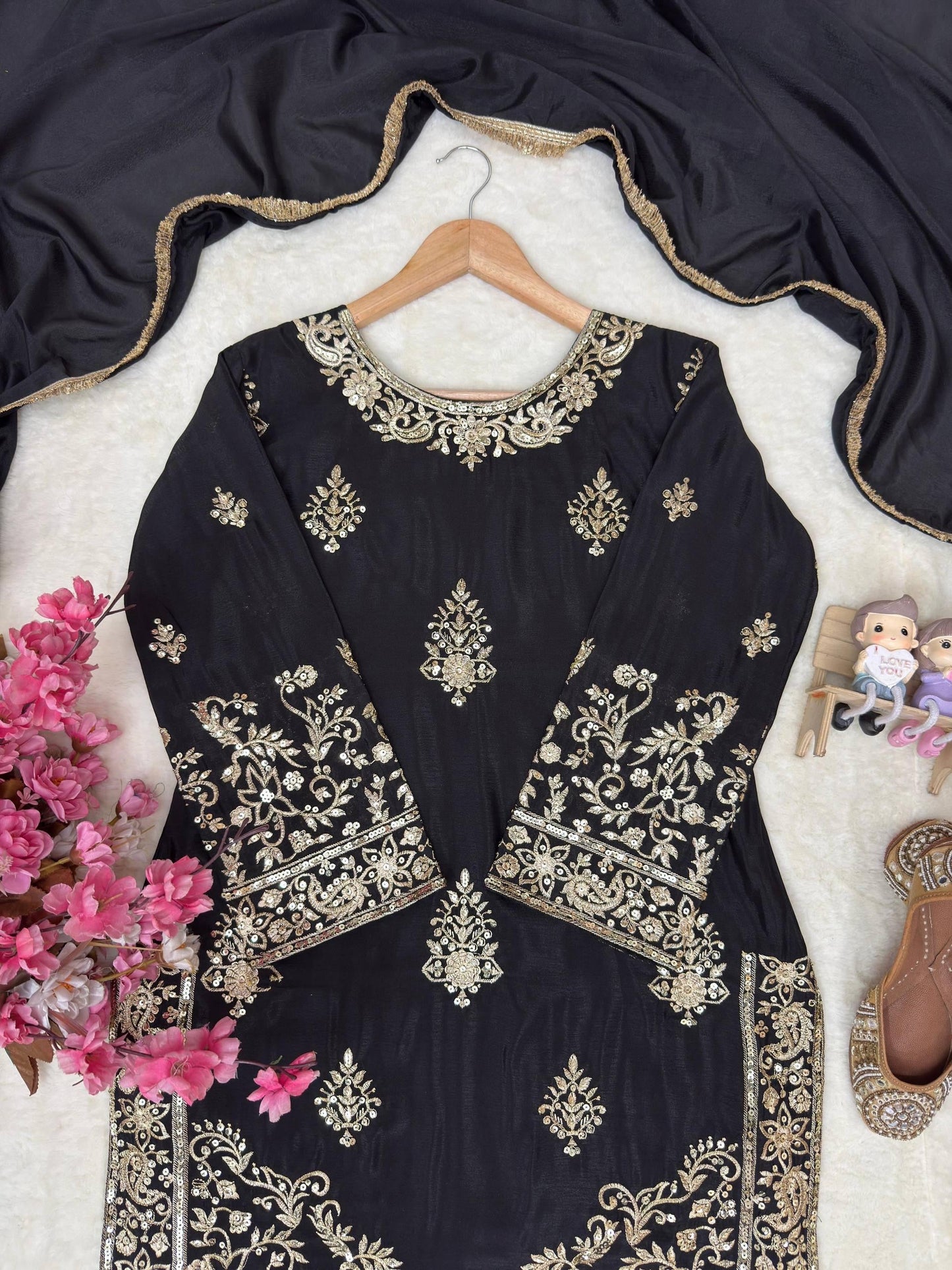 Chinon Silk Designer Kurti Sharara Dupatta Set