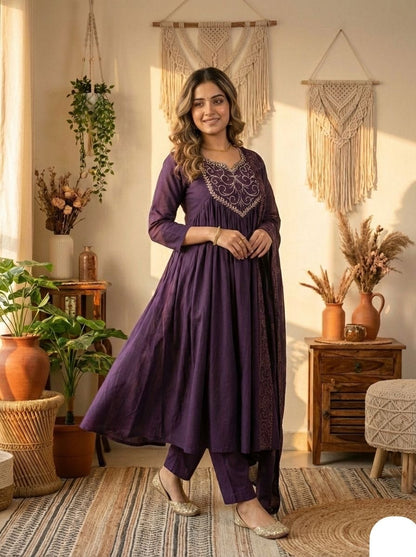 Chanderi Silk Neck Embroidery Work Flair Kurta Pant Dupatta Set (Ready to Wear)