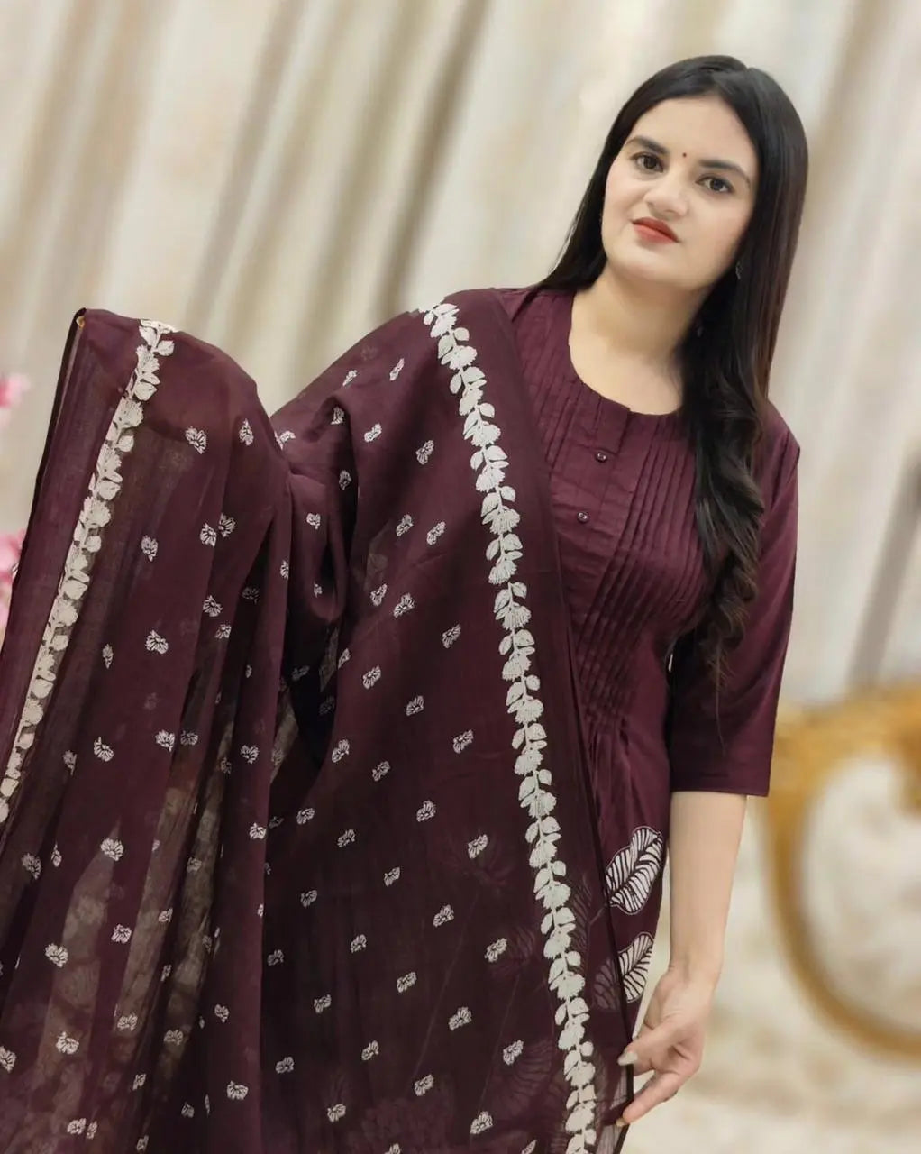 Soft Cotton Self Print Kurti Pant Dupatta Set - Premium  from Ethenika.com - Just INR 2490! Shop now at Ethenika.com 