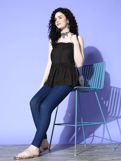 Black Shoulder Tie-Up Top