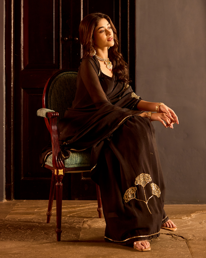 Kanti Black Handcrafted Chiffon Saree