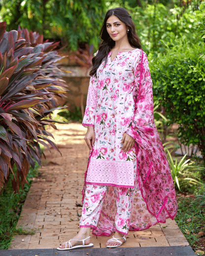 Plumeria Pink Printed Cotton Suit Set