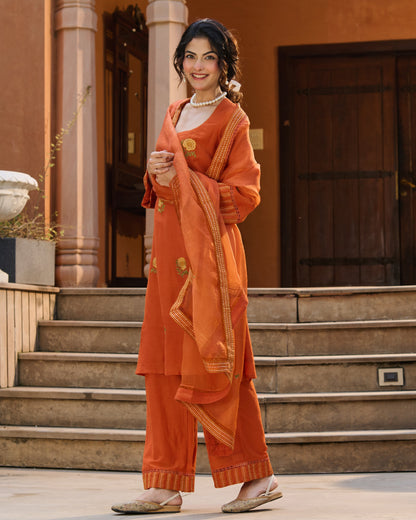 Nafees Orange Embroidered Chanderi Suit Set